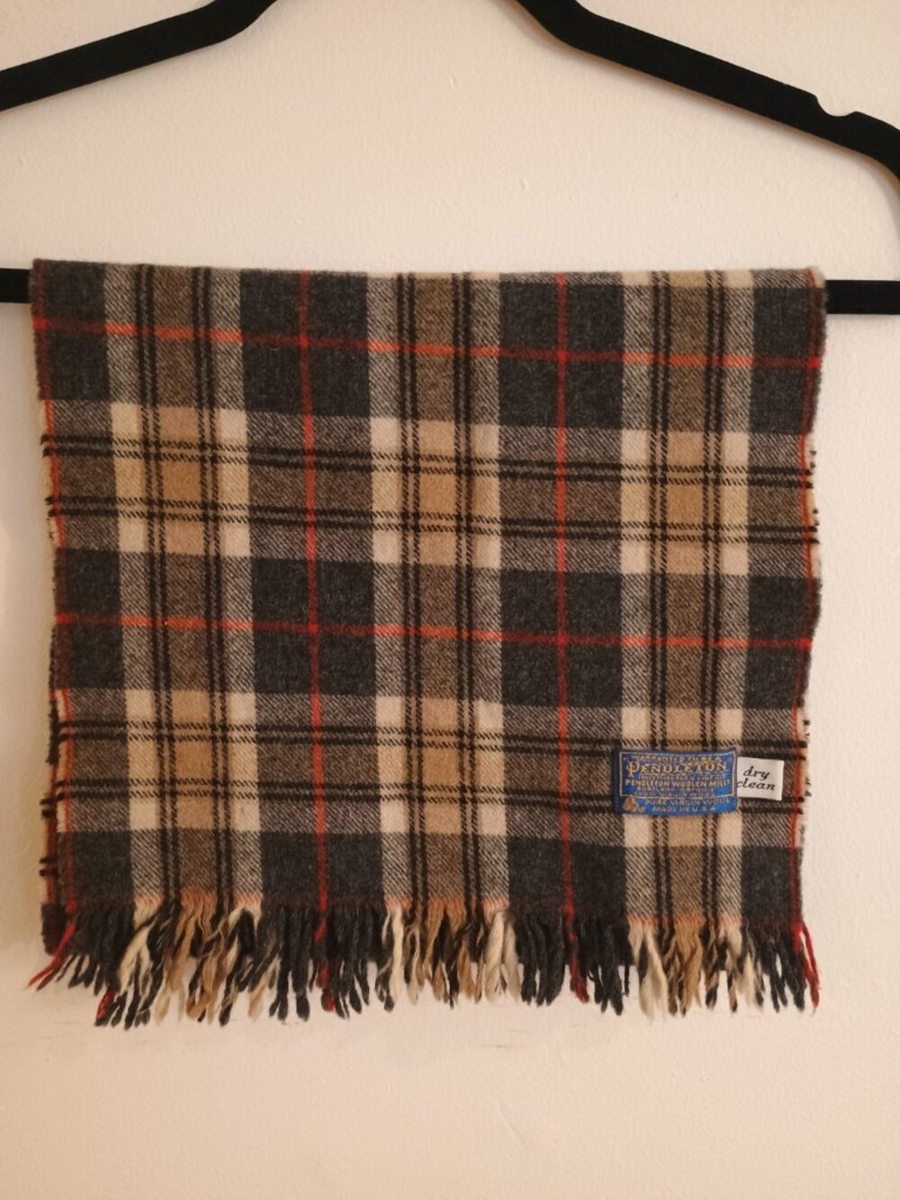 Pendleton Scarf Womens 12x46 Plaid 100% Virgin Wool Fringe Flannel Made In USA
